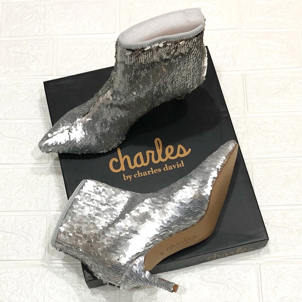 Sequin CHARLES BY CHARLES DAVID Sequin Pointed Toe Booties Silver Amstel Size 6